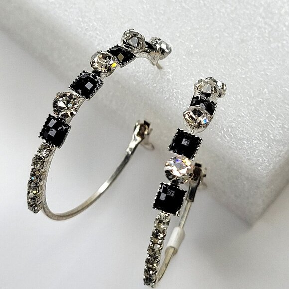 Round Silver and Black Crystal Earrings - Picture 1 of 3